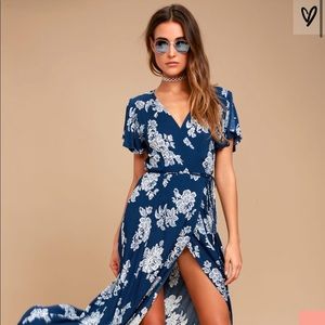 Lulus heart of marigol blue floral maxi wrap dress